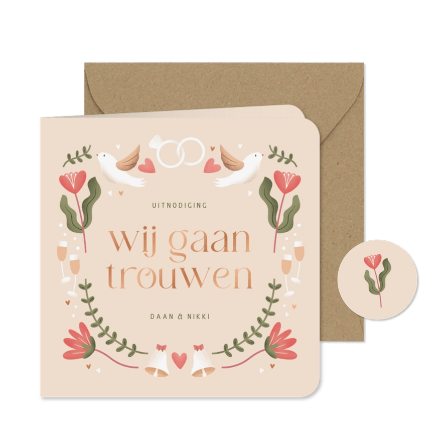 Trouwkaartje patroon wij gaan trouwen folk illustratie beige - Kaartimpressie