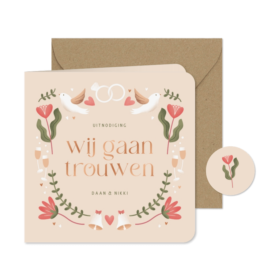 Trouwkaartje patroon wij gaan trouwen folk illustratie beige - Kaartimpressie