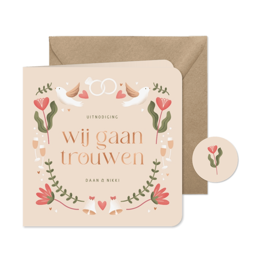 Trouwkaartje patroon wij gaan trouwen folk illustratie beige - Kaartimpressie