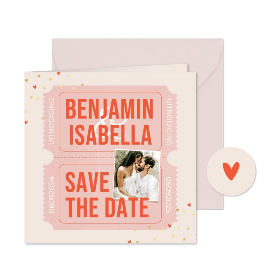 Trouwkaartje save the date roze ticket foto goudfolie - Kaartimpressie
