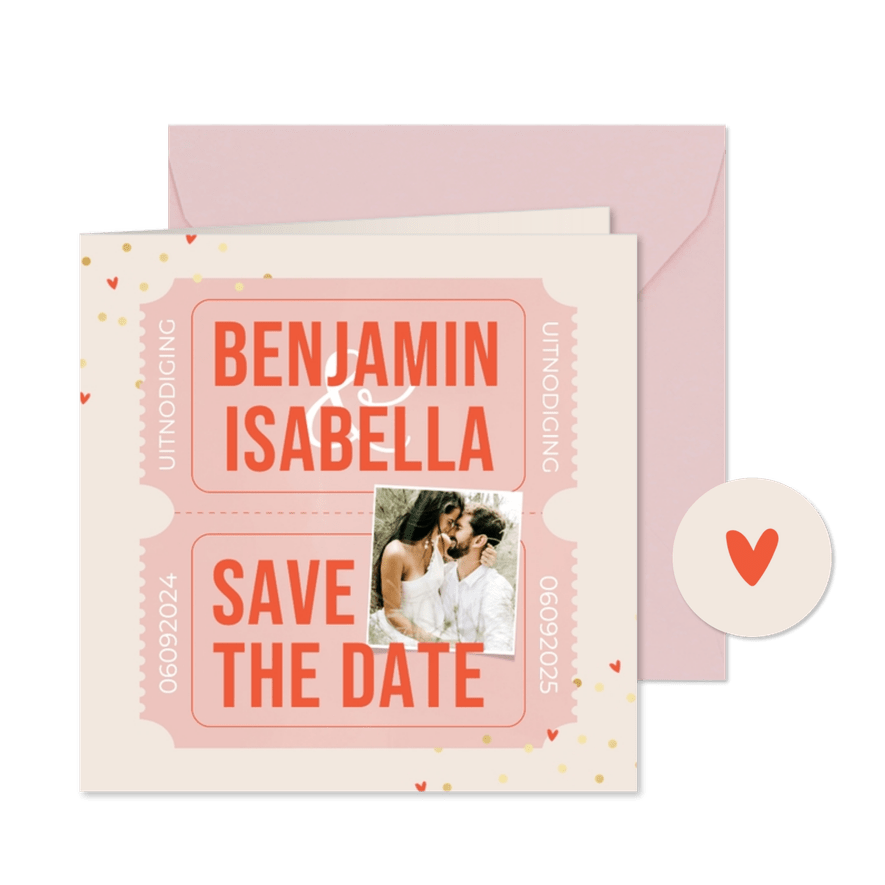 Trouwkaartje save the date roze ticket foto goudfolie - Kaartimpressie