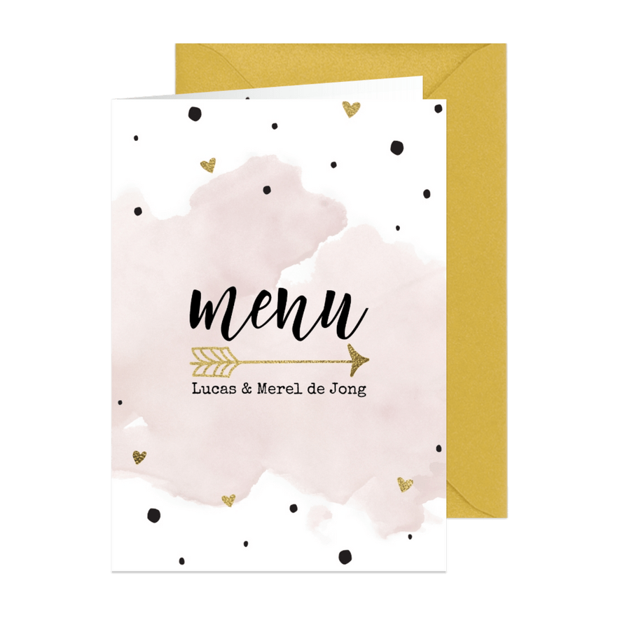 Trouwmenu aquarel roze goudfolie - Kaartimpressie