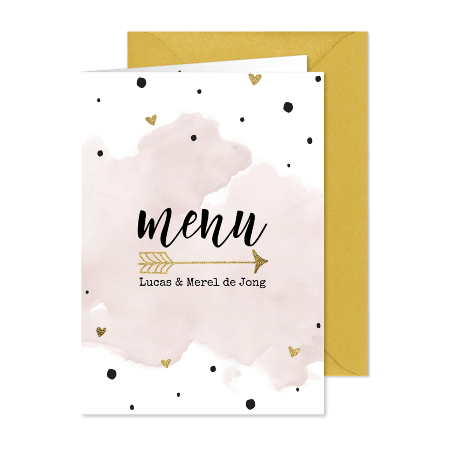 Trouwmenu aquarel roze goudfolie - Kaartimpressie