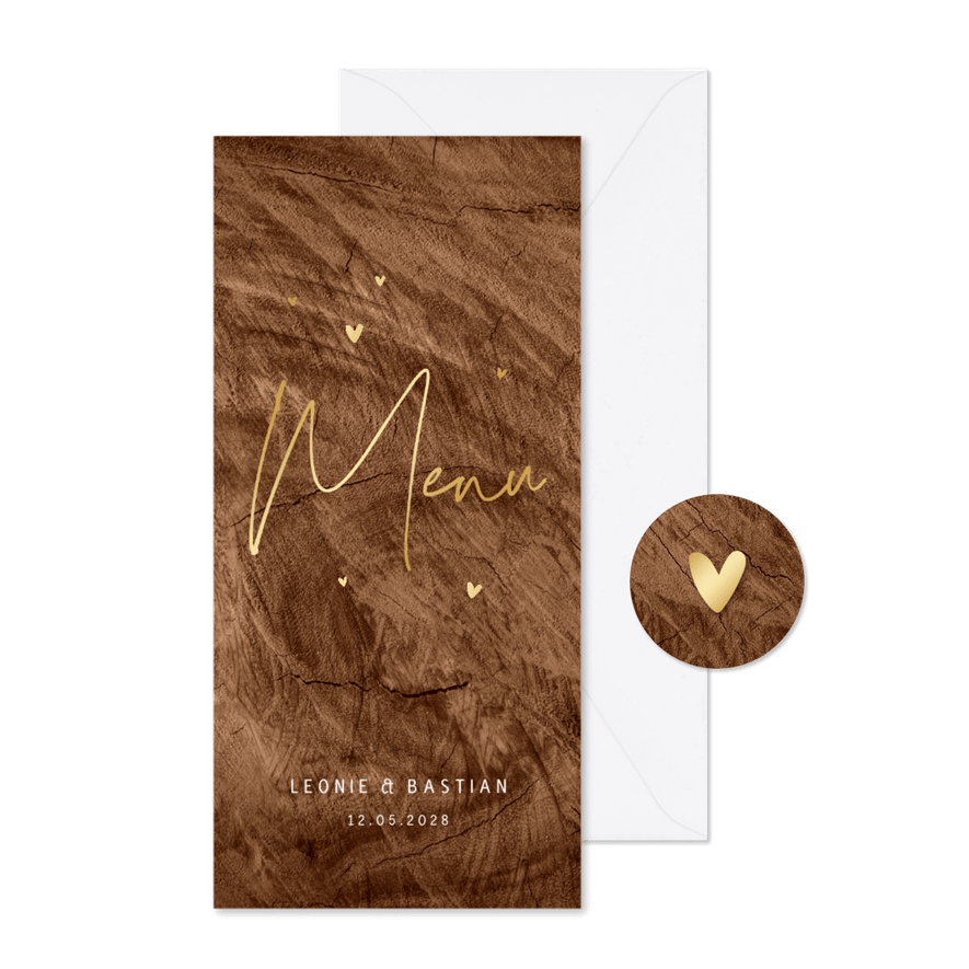 Trouwmenu hout stijlvol goud hartjes bruiloft - Kaartimpressie