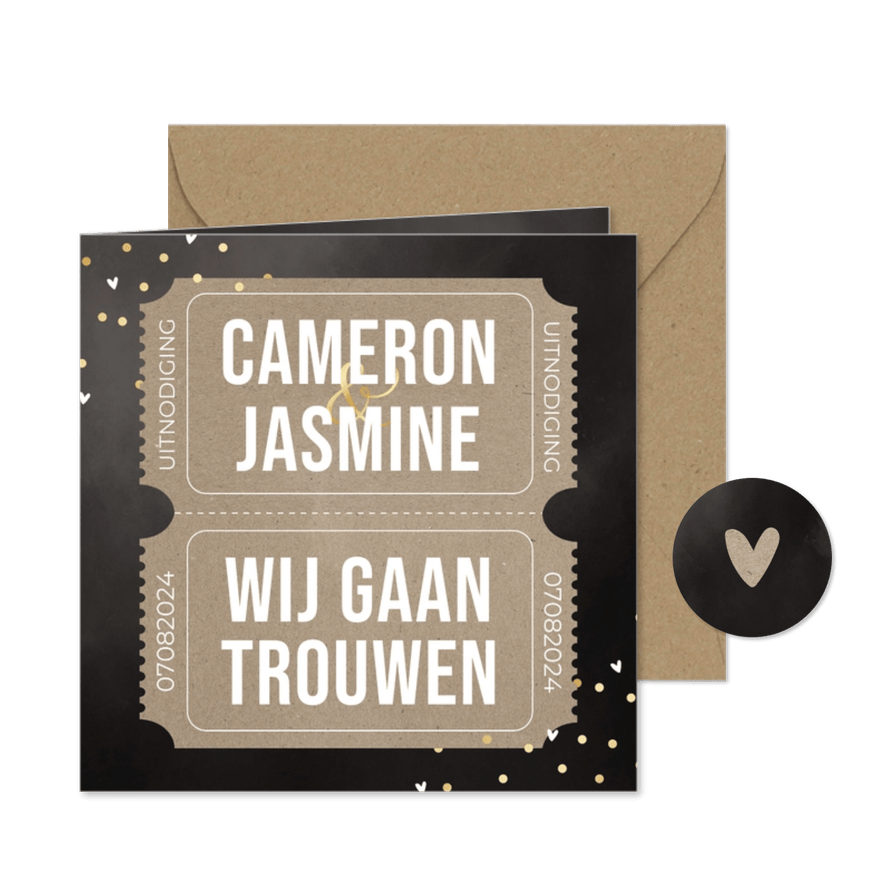Trouwuitnodiging kraft ticket waterverf goudfolie confetti - Kaartimpressie