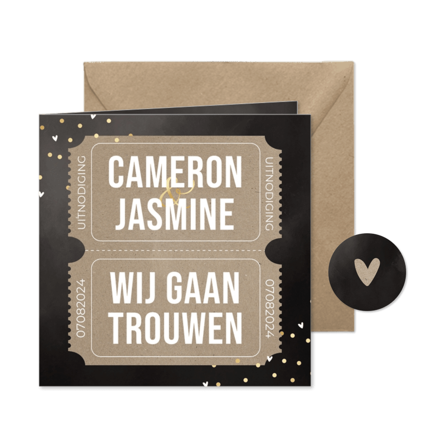 Trouwuitnodiging kraft ticket waterverf goudfolie confetti - Kaartimpressie