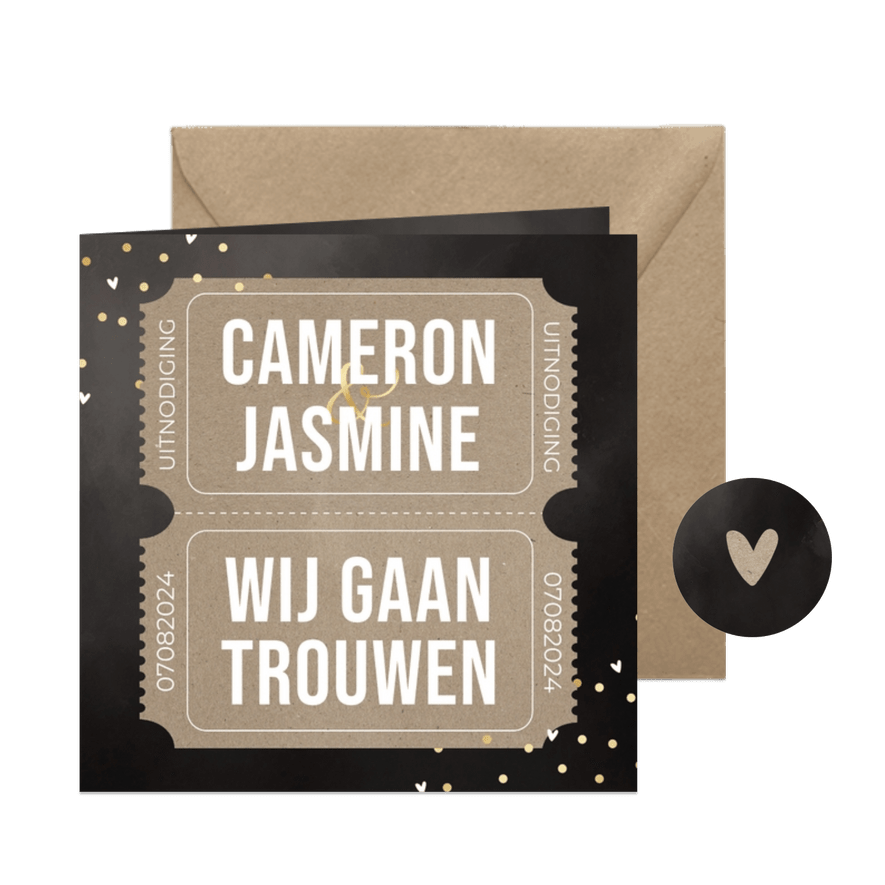 Trouwuitnodiging kraft ticket waterverf goudfolie confetti - Kaartimpressie