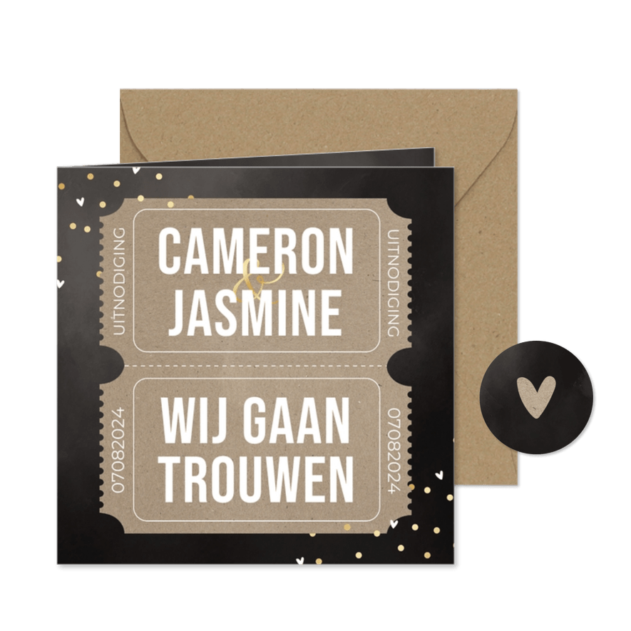 Trouwuitnodiging kraft ticket waterverf goudfolie confetti - Kaartimpressie