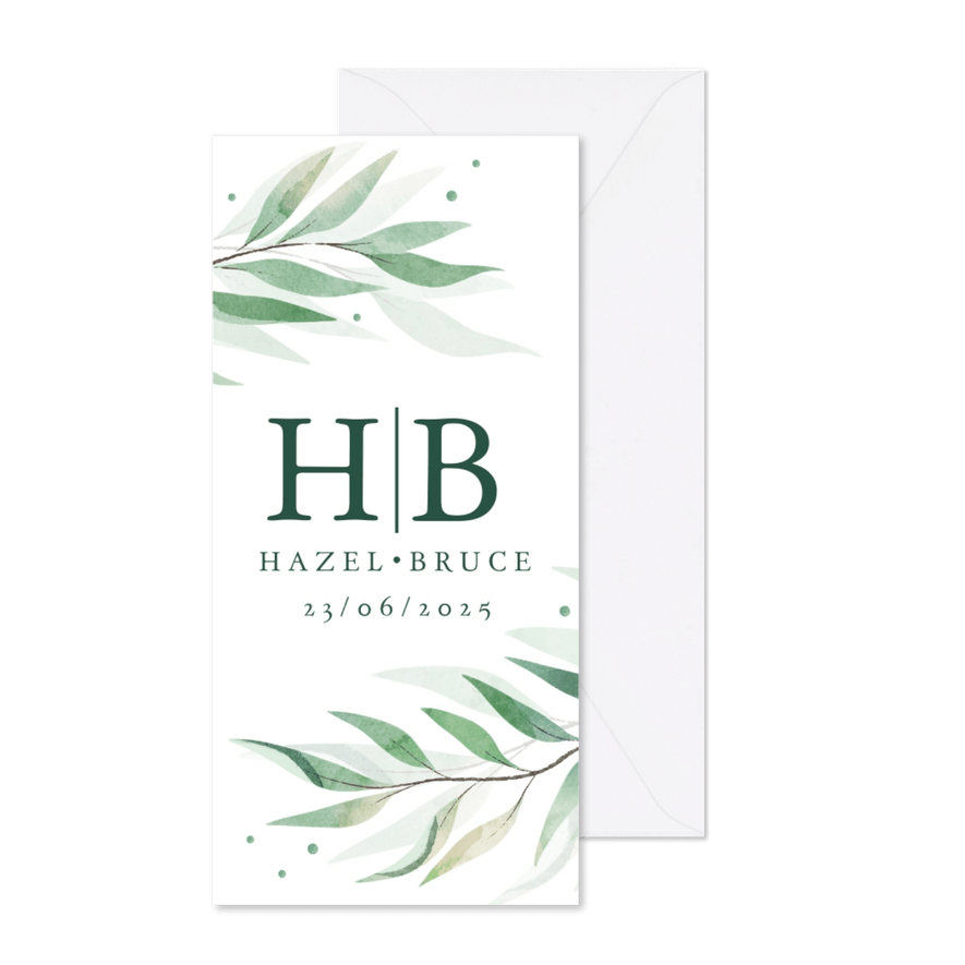 Trouwuitnodiging met bladeren en stippen - Kaartimpressie