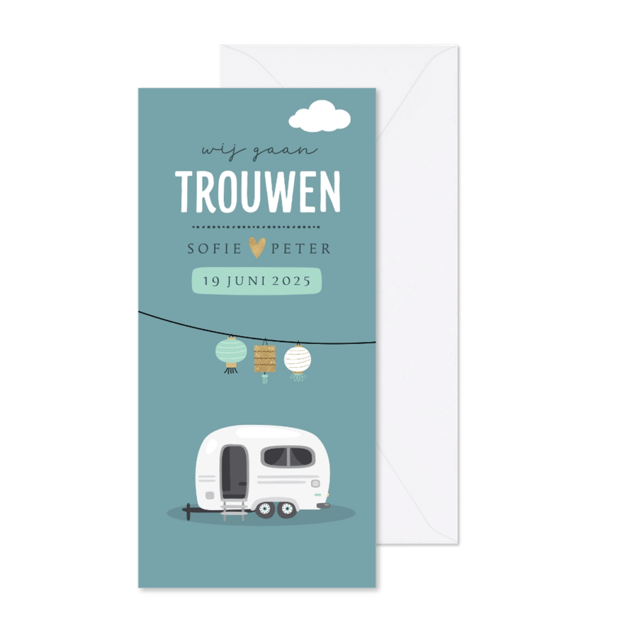 Trouwuitnodiging met caravan en lantaarn - Kaartimpressie