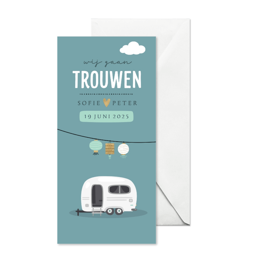 Trouwuitnodiging met caravan en lantaarn - Kaartimpressie