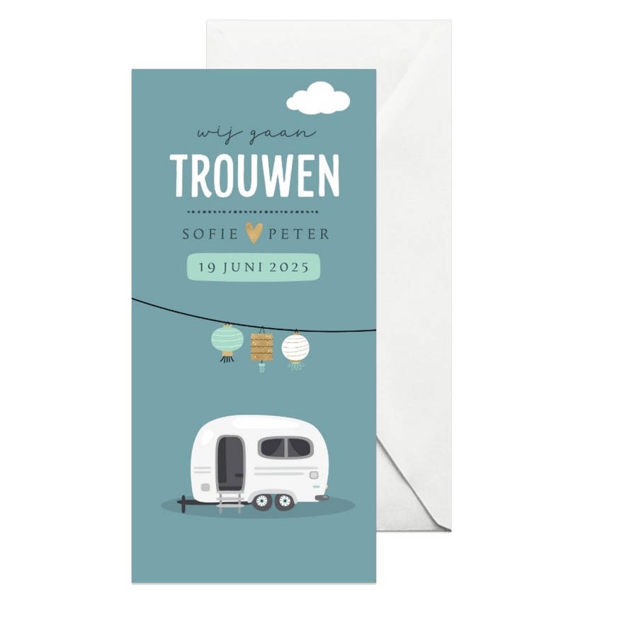 Trouwuitnodiging met caravan en lantaarn - Kaartimpressie