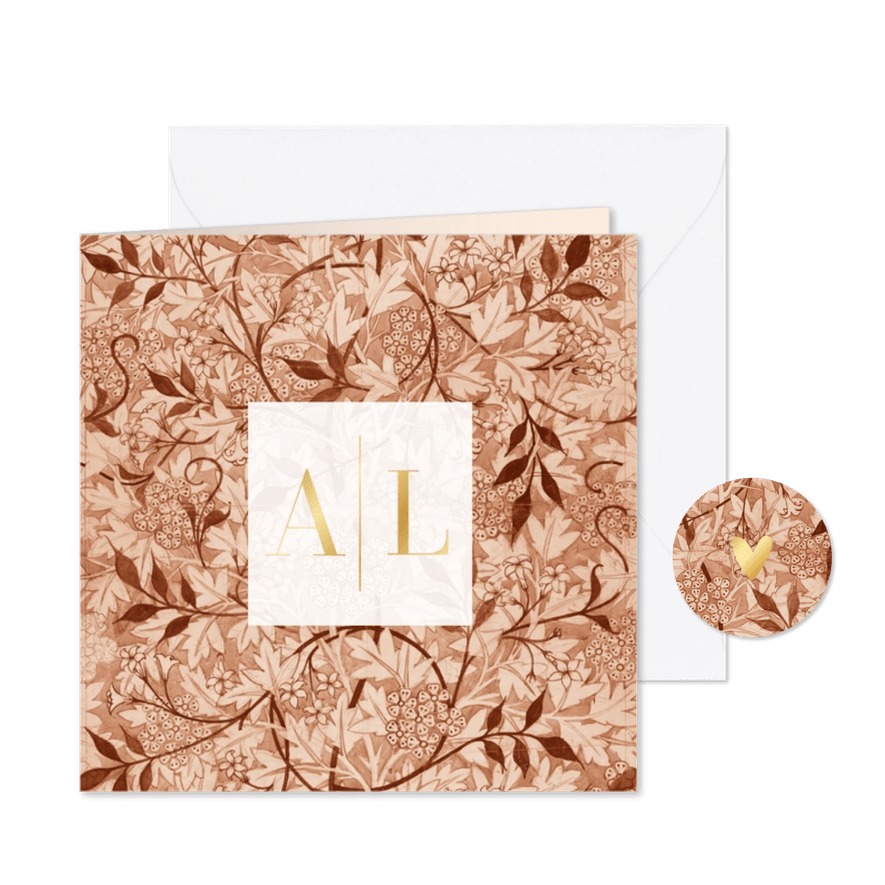 Trouwuitnodiging met vintage patroon blaadjes en wit vlak - Kaartimpressie