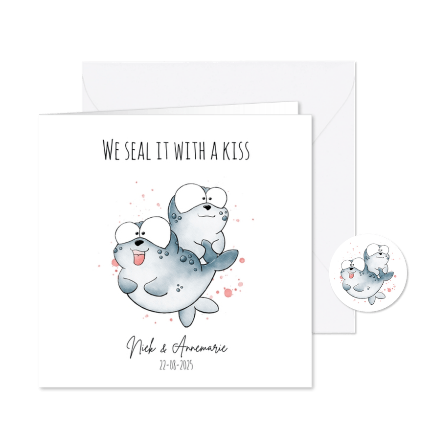 Trouwuitnodiging zeehondjes - We seal it with a kiss - Kaartimpressie