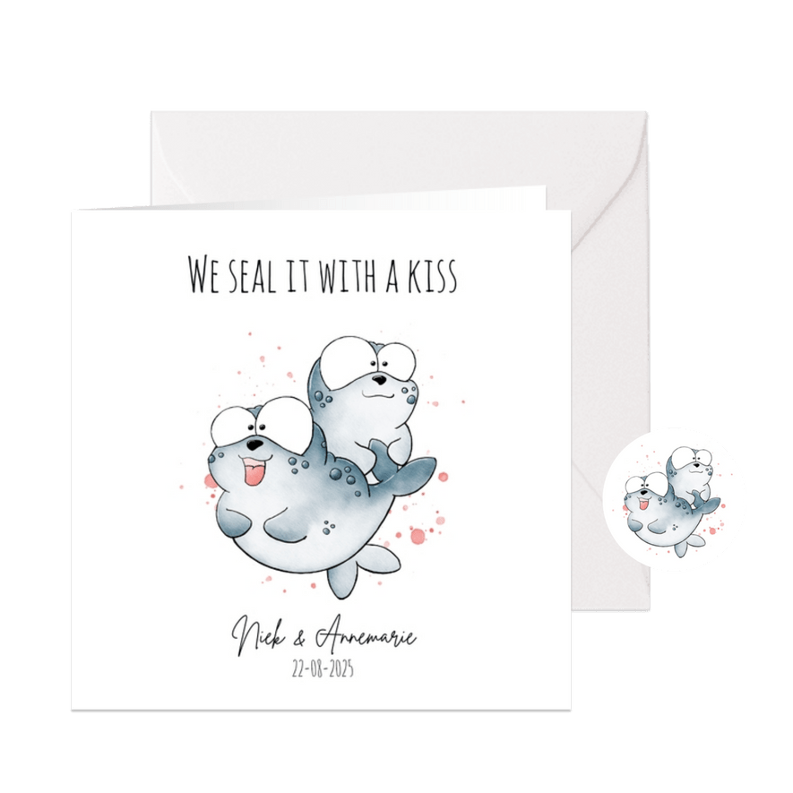 Trouwuitnodiging zeehondjes - We seal it with a kiss - Kaartimpressie