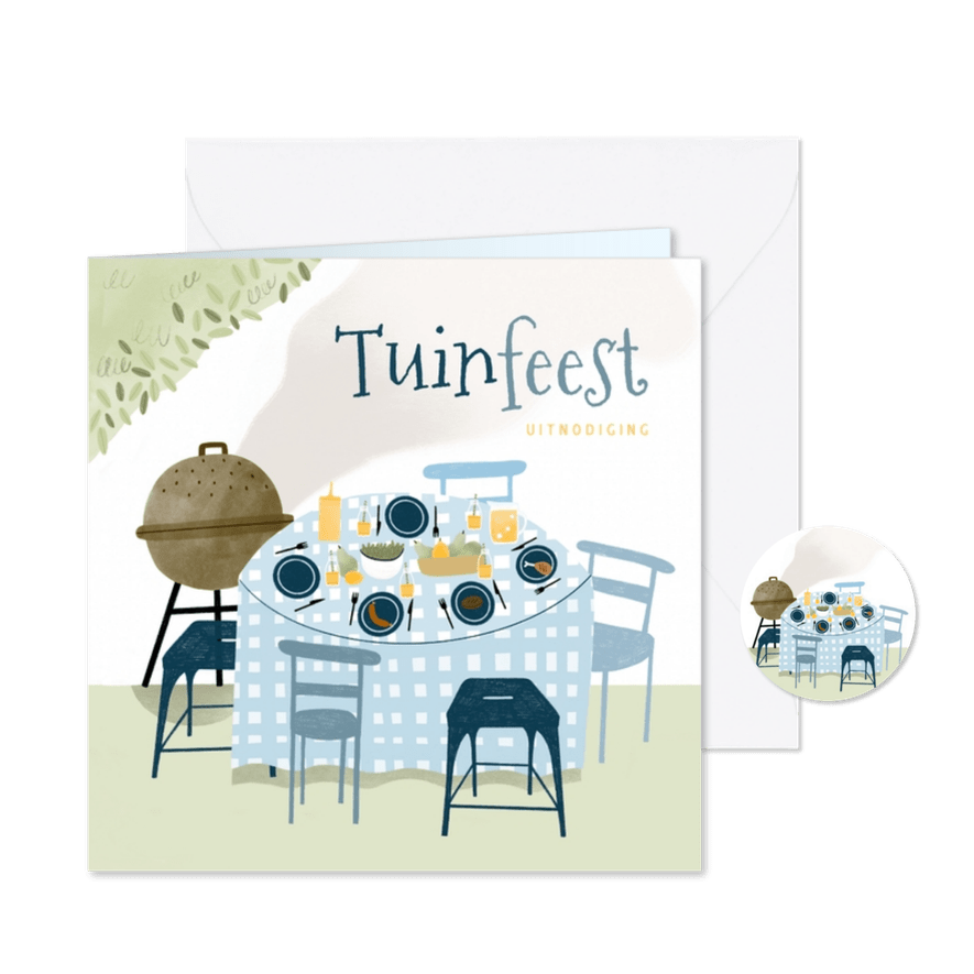 Tuinfeest bbq uitnodiging illustratie tafel buiten blauw - Kaartimpressie