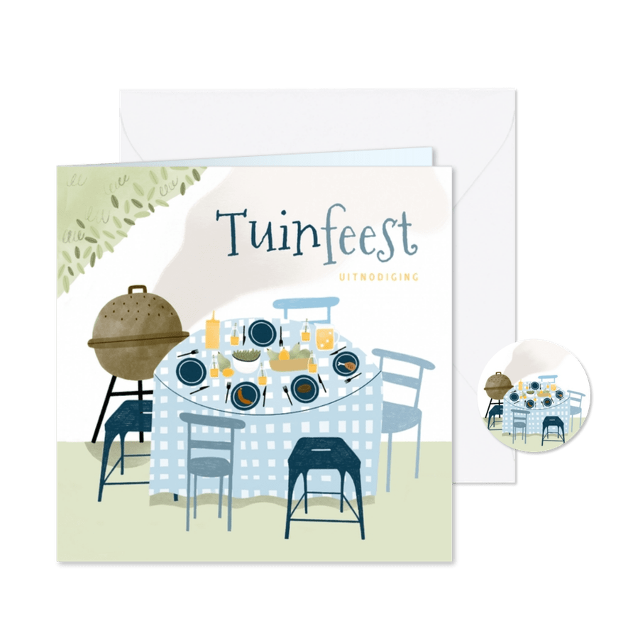 Tuinfeest bbq uitnodiging illustratie tafel buiten blauw - Kaartimpressie