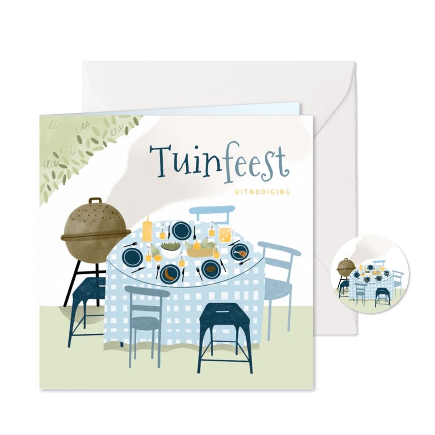 Tuinfeest bbq uitnodiging illustratie tafel buiten blauw - Kaartimpressie