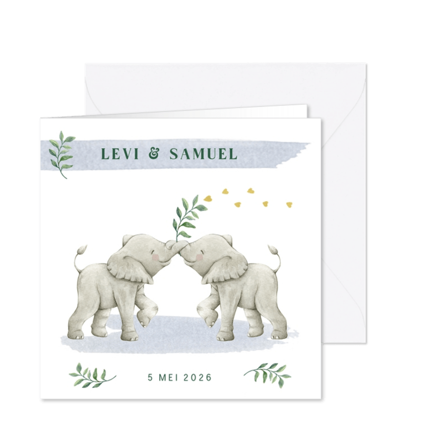Tweeling geboortekaartje jongens met lieve olifantjes - Kaartimpressie