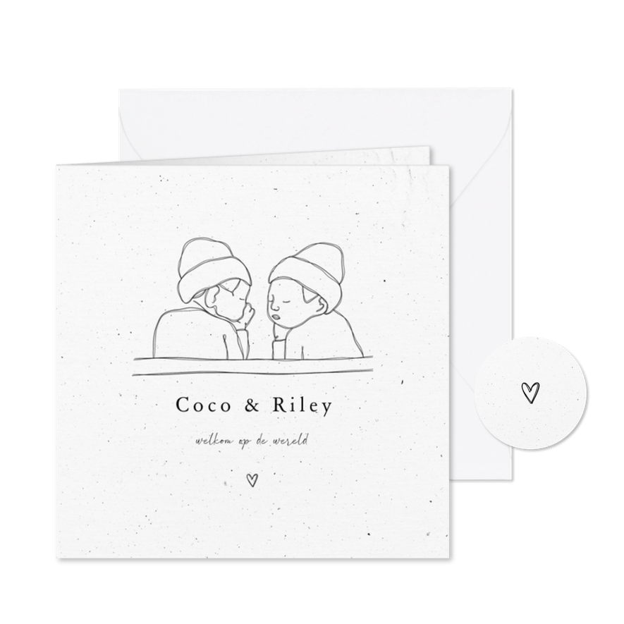 Tweeling geboortekaartje lijntekening stijlvol - Kaartimpressie