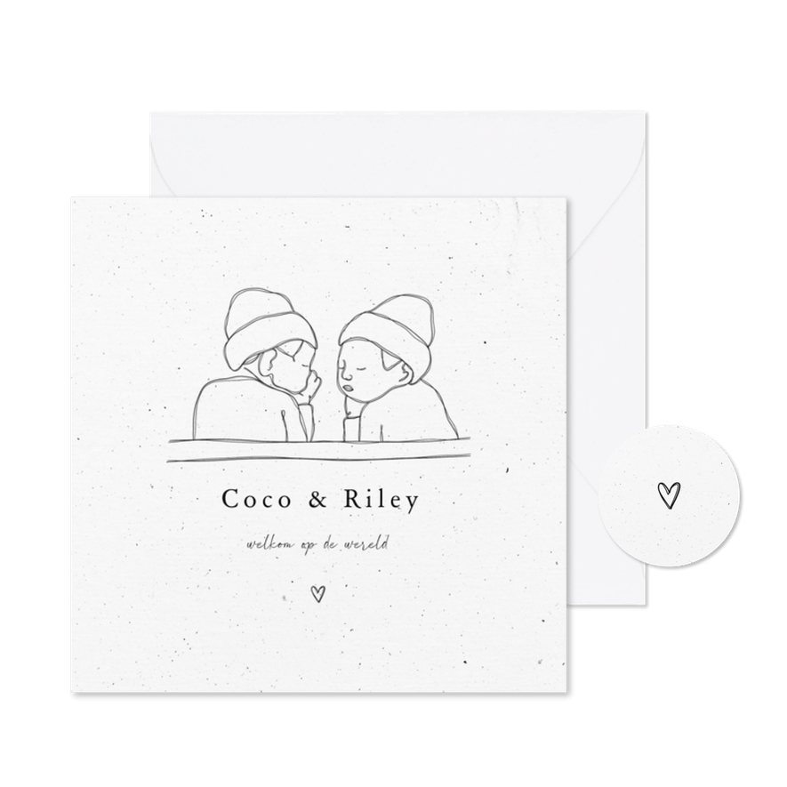 Tweeling geboortekaartje lijntekening stijlvol - Kaartimpressie