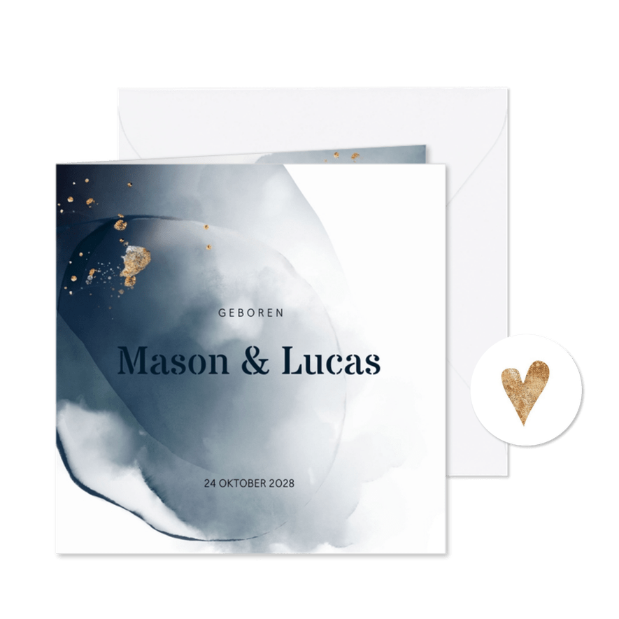 Tweeling geboortekaartje watercolor blauw jongens  - Kaartimpressie