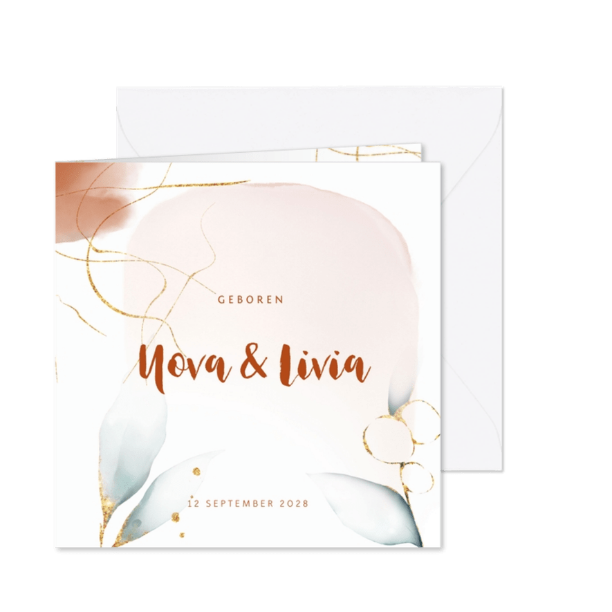 Tweeling geboortekaartje watercolor meisjes - Kaartimpressie