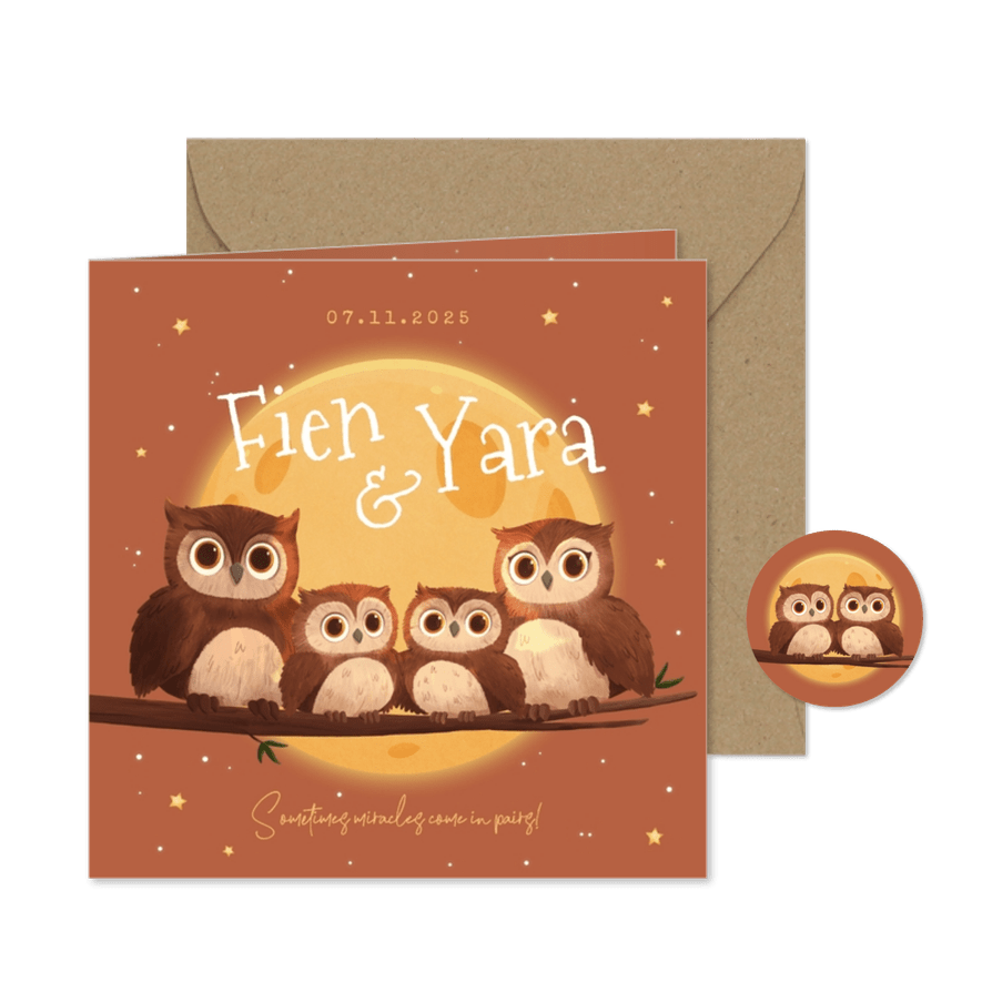 Tweeling herfst geboortekaartje uiltjes maan nacht sterren - Kaartimpressie