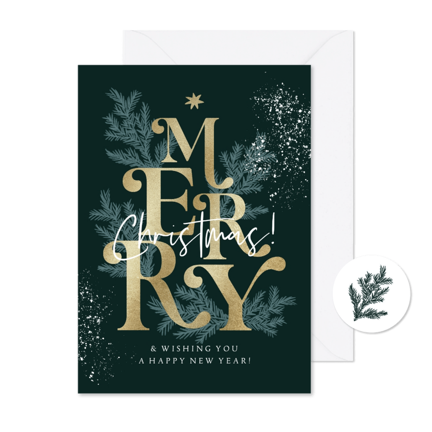 Typografische kerstkaart goudlook letters kerstboom kersttak - Kaartimpressie