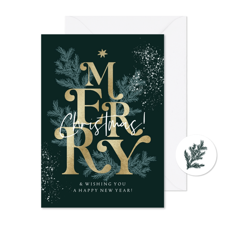 Typografische kerstkaart kerstboom goudlook dennentak sneeuw - Kaartimpressie