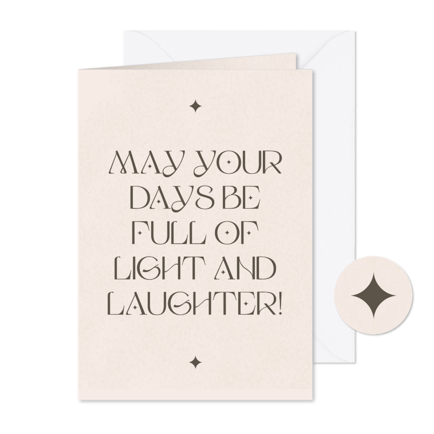 Typografische kerstkaart light and laughter zandkleur - Kaartimpressie