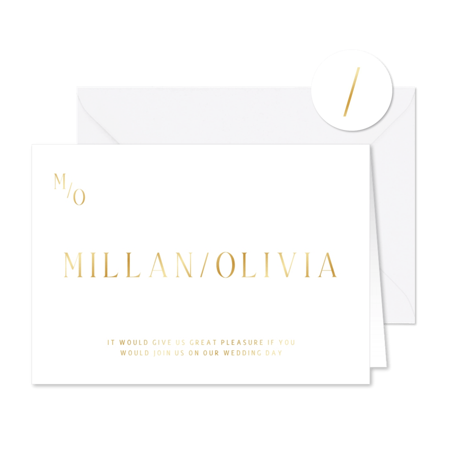Typografische trouwkaart met minimalistische gouden tekst - Kaartimpressie