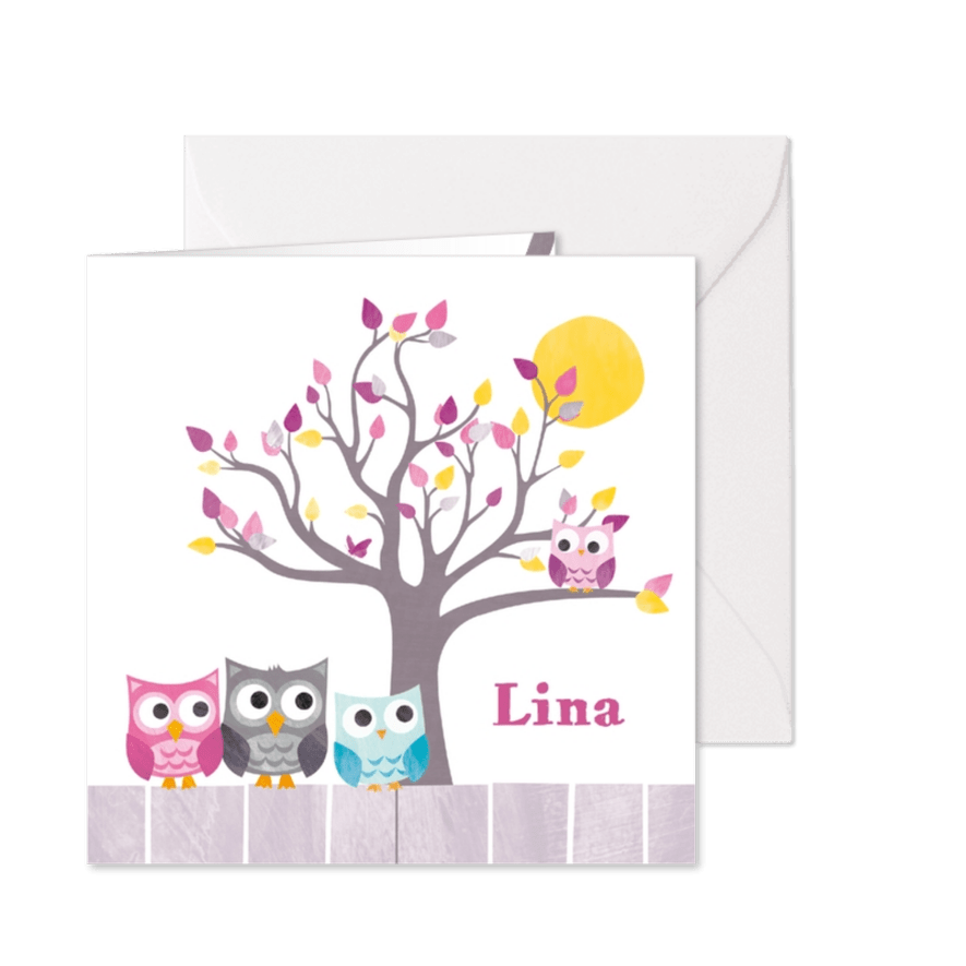 Uiltje in boom met familie uil - Kaartimpressie