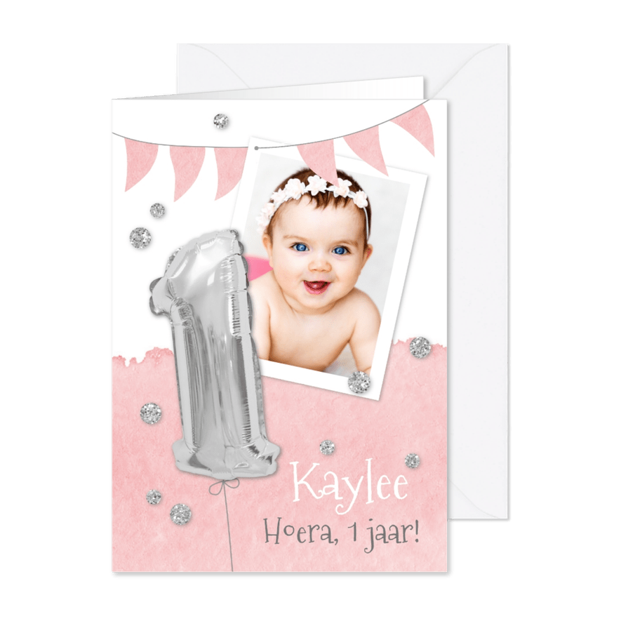 Uitnodiging 1 jaar eigen foto en folieballon - Kaartimpressie