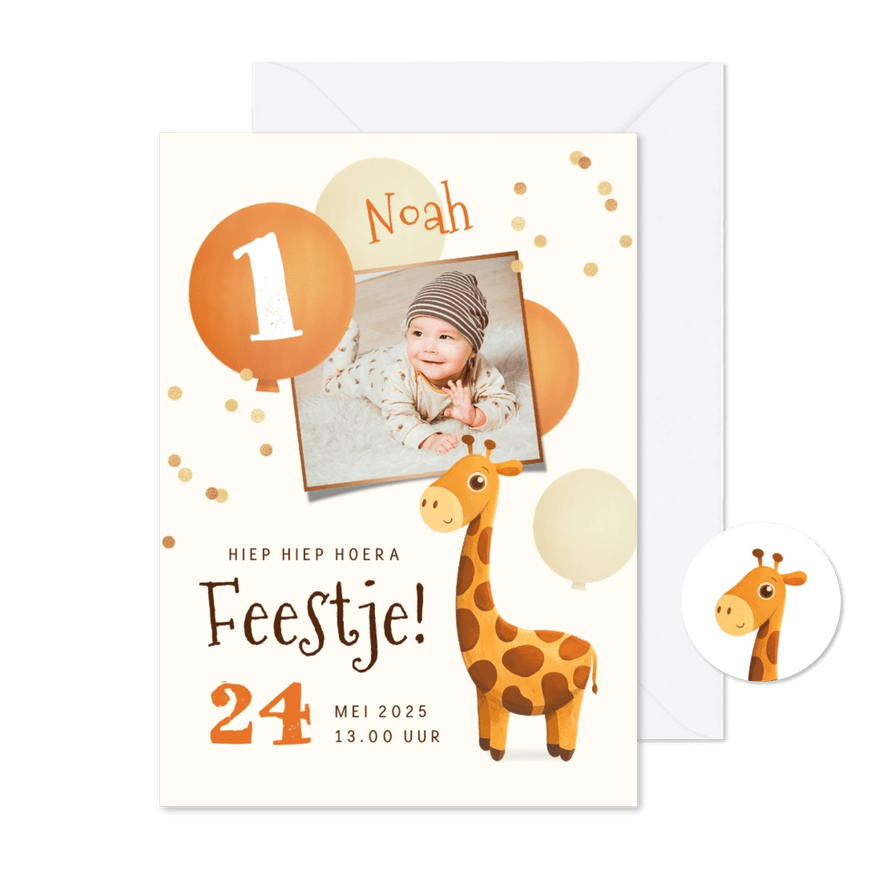 Uitnodiging 1 jaar giraf ballonnen confetti foto  - Kaartimpressie