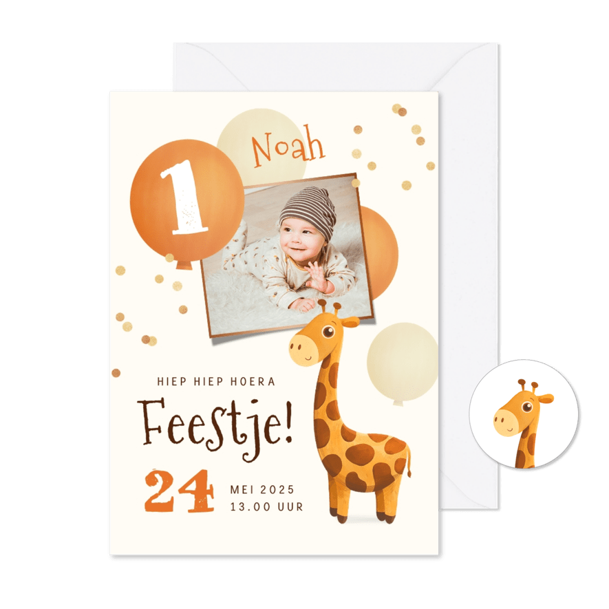 Uitnodiging 1 jaar giraf ballonnen confetti foto - Kaartimpressie
