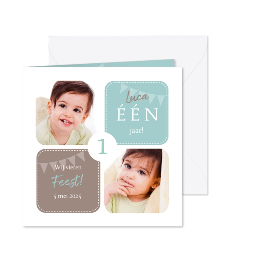 Uitnodiging 1 jaar jongen grafisch met foto's - Kaartimpressie