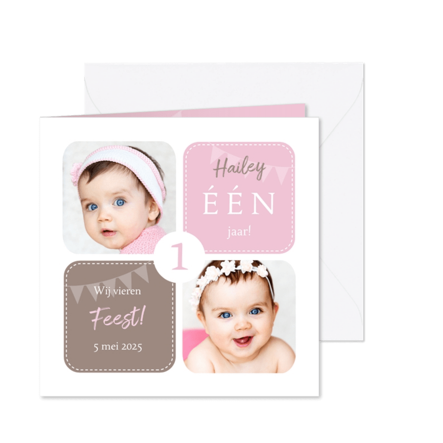 Uitnodiging 1 jaar meisje grafisch met foto's - Kaartimpressie