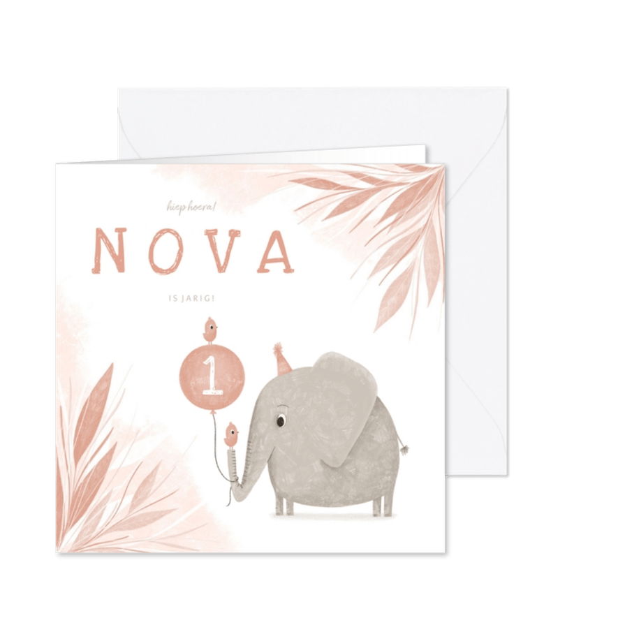 Uitnodiging 1 jaar olifant met vogeltjes en ballon jungle - Kaartimpressie