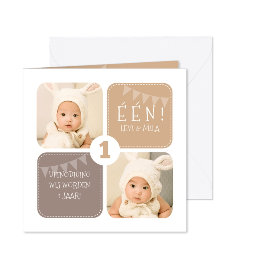 Uitnodiging 1 jaar tweeling grafisch met foto's - Kaartimpressie