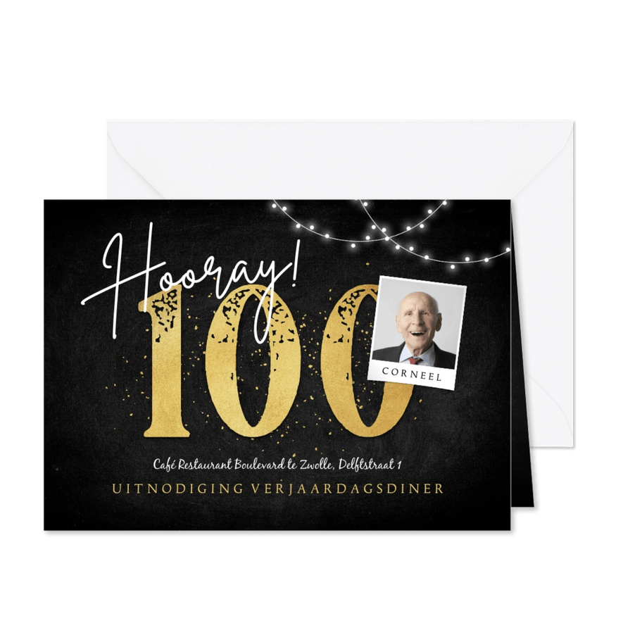 Uitnodiging 100 jaar goud foto slingers - Kaartimpressie