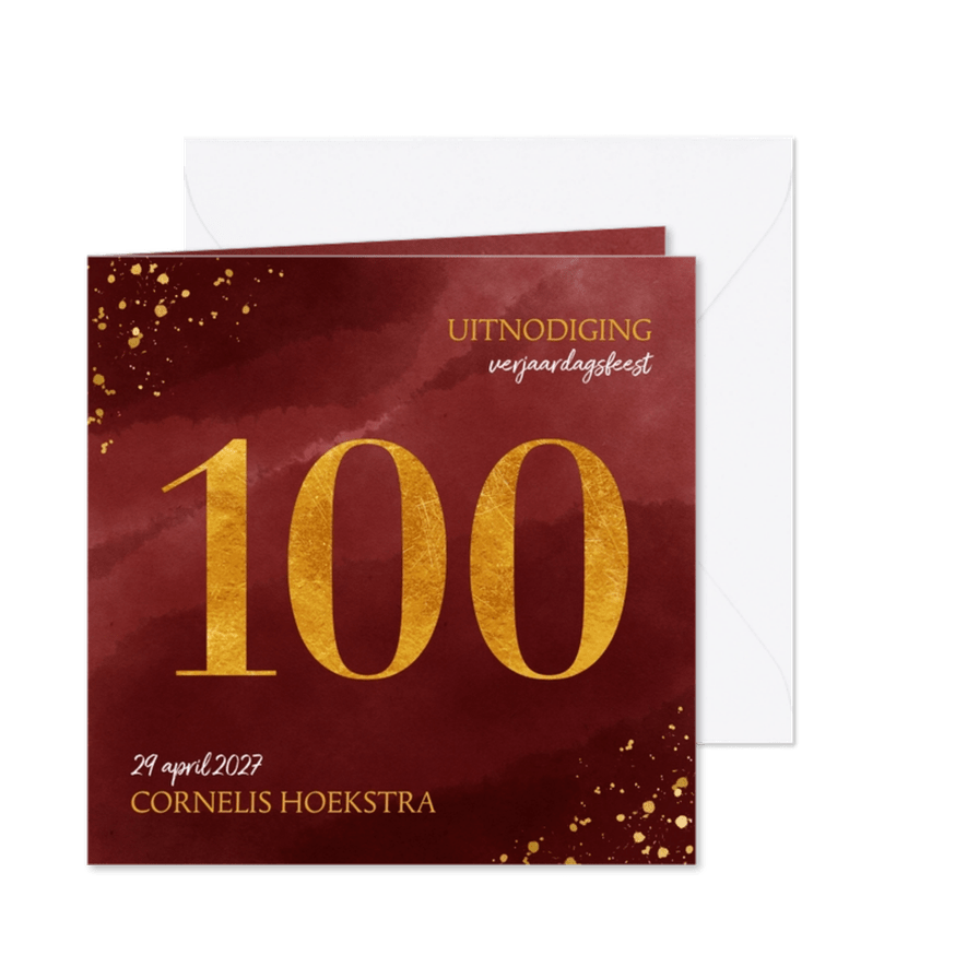 Uitnodiging 100 jaar gouden spetters op waterverf - Kaartimpressie