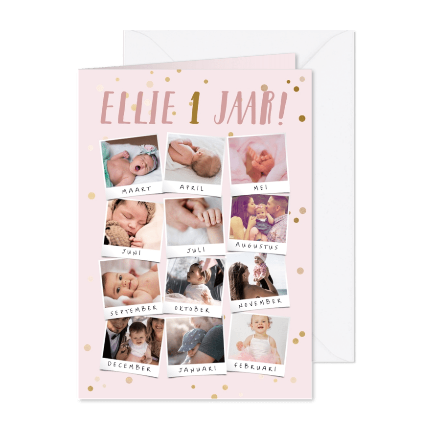 Uitnodiging 12 maanden fotocollage 1 jaar - Kaartimpressie