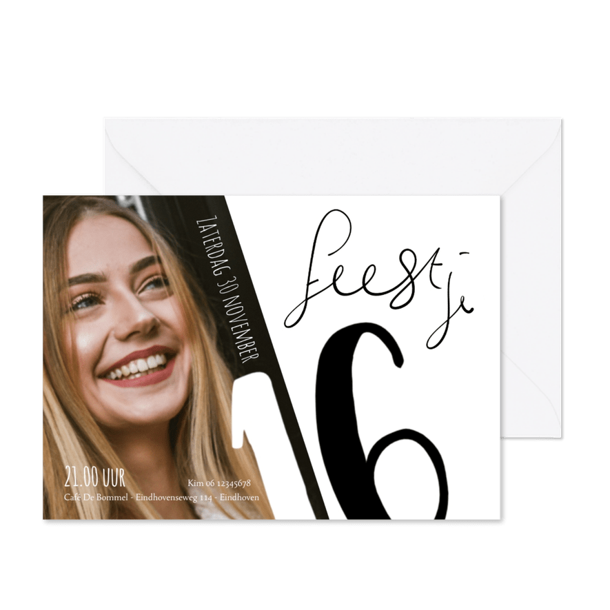 Uitnodiging 16de verjaardag met speelse typografie - Kaartimpressie