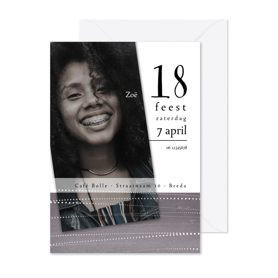Uitnodiging 18de verjaardag,  witte stippellijnen - Kaartimpressie