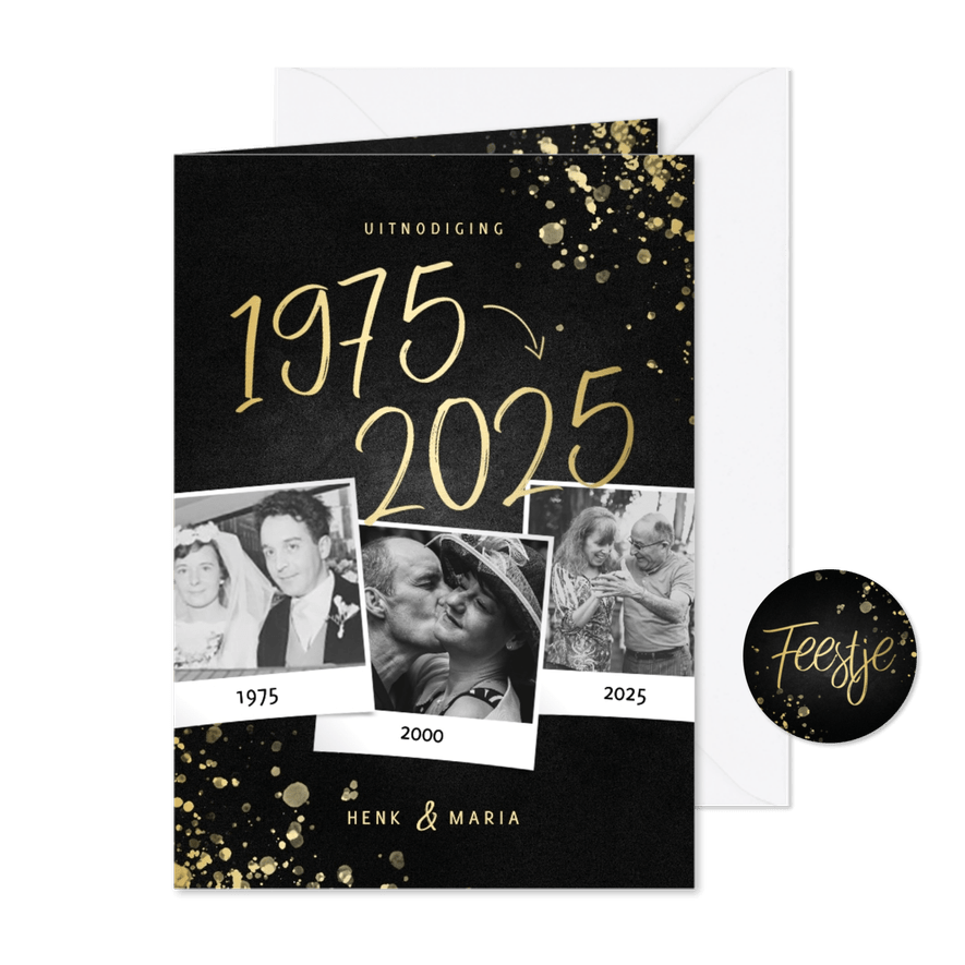Uitnodiging 1975/2025 jubileum fotocollage met spetters - Kaartimpressie