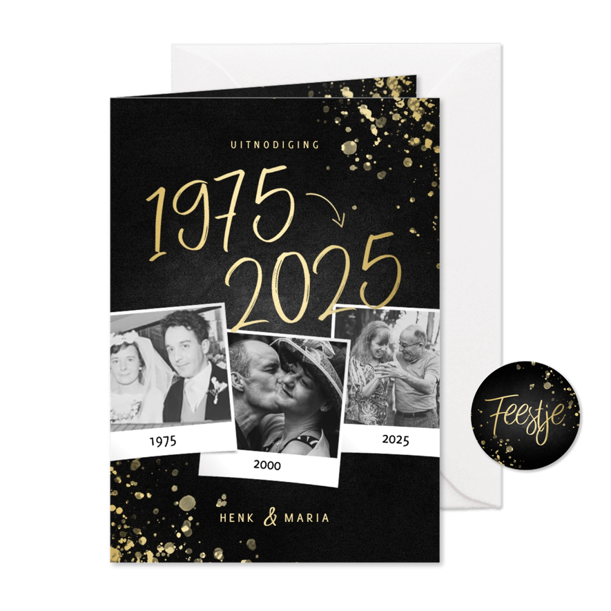 Uitnodiging 1975/2025 jubileum fotocollage met spetters - Kaartimpressie