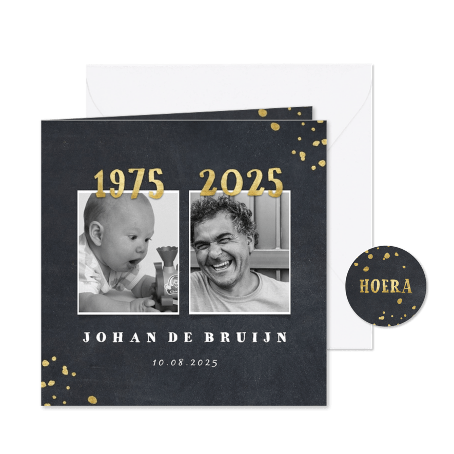 Uitnodiging 1975 met foto's en gouden spetters - Kaartimpressie