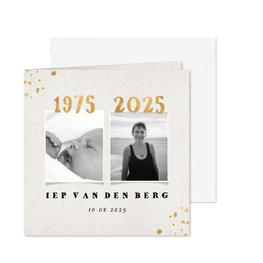 Uitnodiging 1975 met gouden spetters en foto's - Kaartimpressie