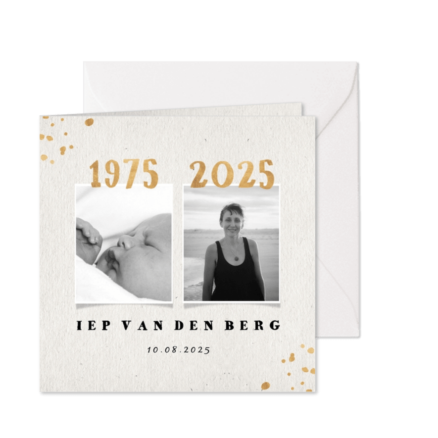 Uitnodiging 1975 met gouden spetters en foto's - Kaartimpressie